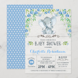 Boy Elephant Baby shower Invitation Blue Floral Kaart