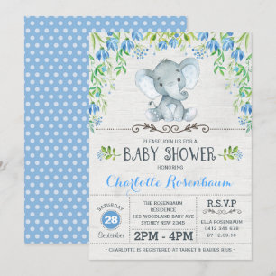 Boy Elephant Baby shower Invitation Blue Floral Kaart