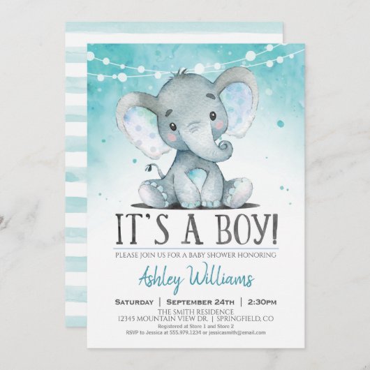 Boy Elephant Baby shower Invitation Kaart (Voorkant / Achterkant)