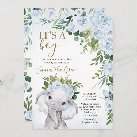 Boy Elephant Baby shower Kaart (Voorkant / Achterkant)