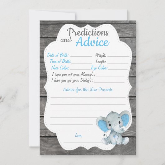 Boy Elephant Baby shower Prediction Advice Card Kaart (Voorkant)
