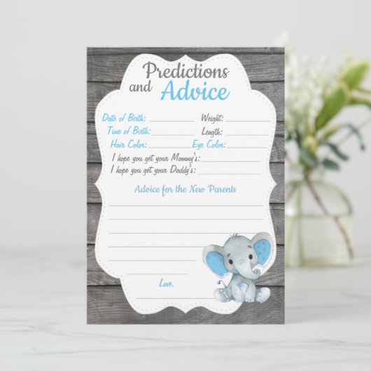 Boy Elephant Baby shower Prediction Advice Card Kaart (Staand voorkant)
