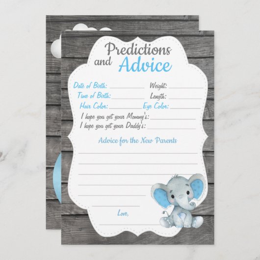 Boy Elephant Baby shower Prediction Advice Card Kaart (Voorkant / Achterkant)