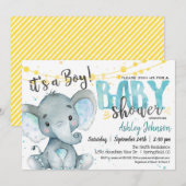 Boy Elephant Baby shower uitnodiging Blauw & geel (Voorkant / Achterkant)