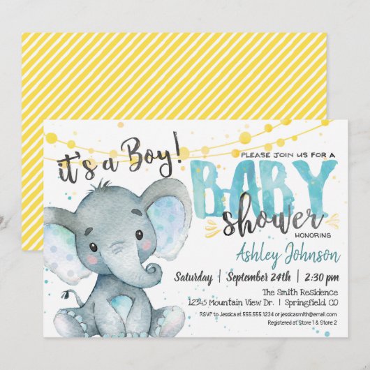 Boy Elephant Baby shower uitnodiging Blauw & geel (Voorkant / Achterkant)