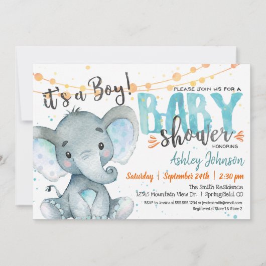 Boy Elephant Baby shower uitnodiging Blauw & Sinaa (Voorkant)