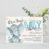 Boy Elephant Baby shower uitnodiging Blauw & Sinaa (Staand voorkant)