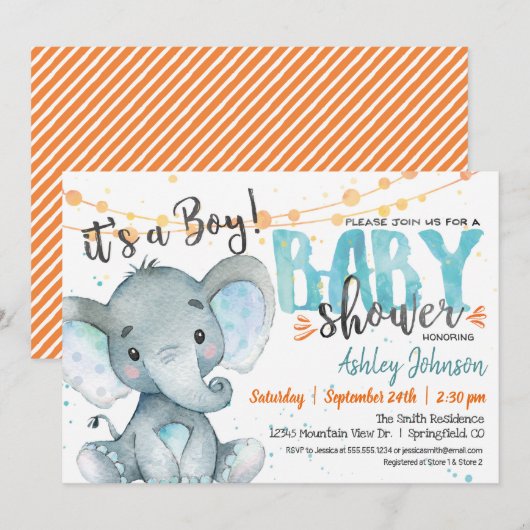 Boy Elephant Baby shower uitnodiging Blauw & Sinaa (Voorkant / Achterkant)