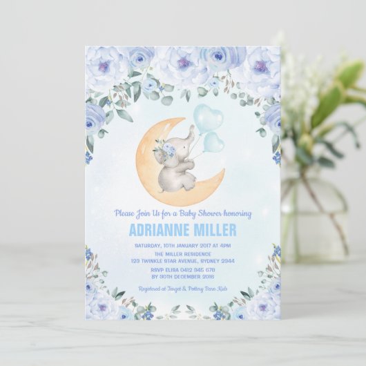 Boy Elephant Baby shower / Waterverf Blue Floral Kaart (Staand voorkant)
