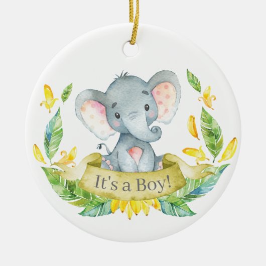 Boy Elephant Baby shower Yellow Keramisch Ornament (Voorkant)