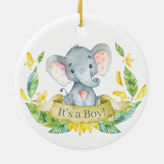 Boy Elephant Baby shower Yellow Keramisch Ornament (Achterkant)