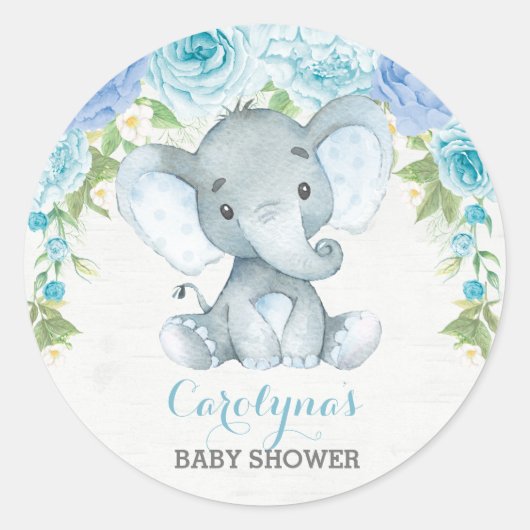 Boy Elephant Blue Roos Peony Baby shower Favors Ronde Sticker (Voorkant)