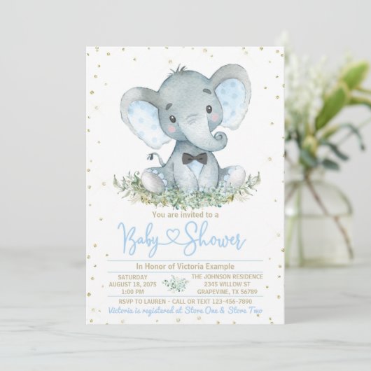 Boy Elephant Bow Stropdas Baby shower Uitnodiging (Staand voorkant)