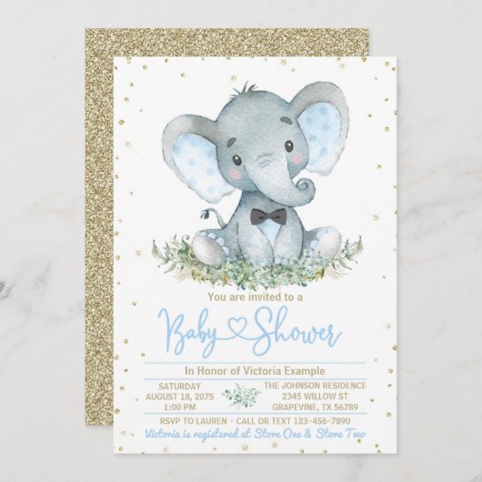 Boy Elephant Bow Stropdas Baby shower Uitnodiging (Voorkant / Achterkant)