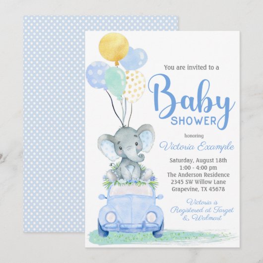 Boy Elephant Car Baby shower Uitnodiging (Voorkant / Achterkant)