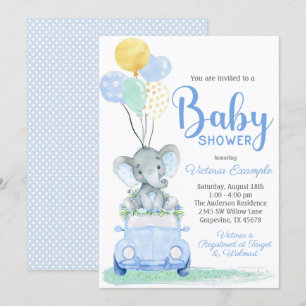 Boy Elephant Car Baby shower Uitnodiging