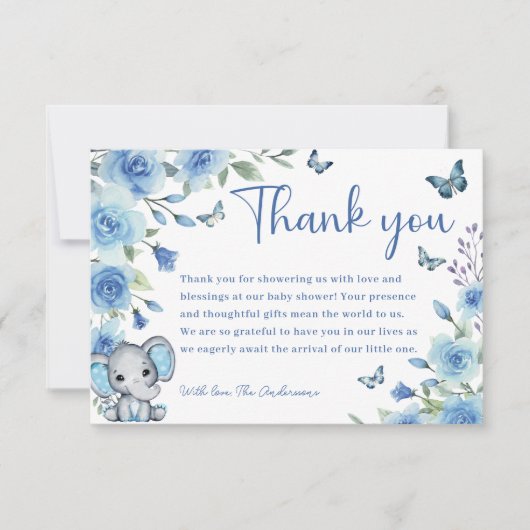 Boy Elephant Dusty Blue Roos Baby shower Bedankkaart (Voorkant)