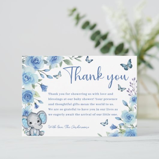 Boy Elephant Dusty Blue Roos Baby shower Bedankkaart (Staand voorkant)