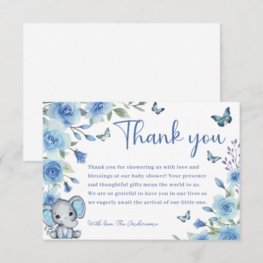 Boy Elephant Dusty Blue Roos Baby shower Bedankkaart (Voorkant / Achterkant)