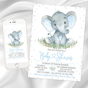 Boy Elephant Glitter Baby shower Invitation Kaart