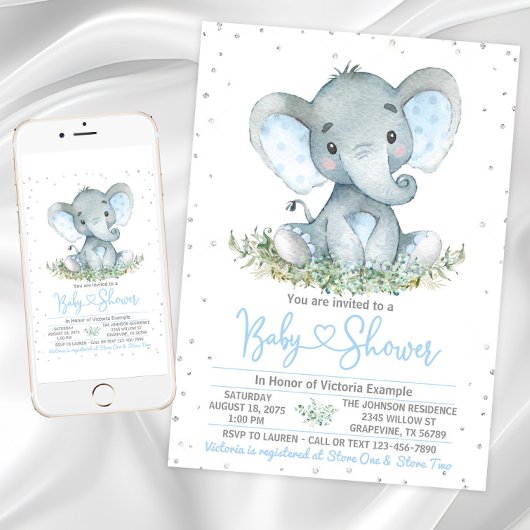 Boy Elephant Glitter Baby shower Invitation Kaart