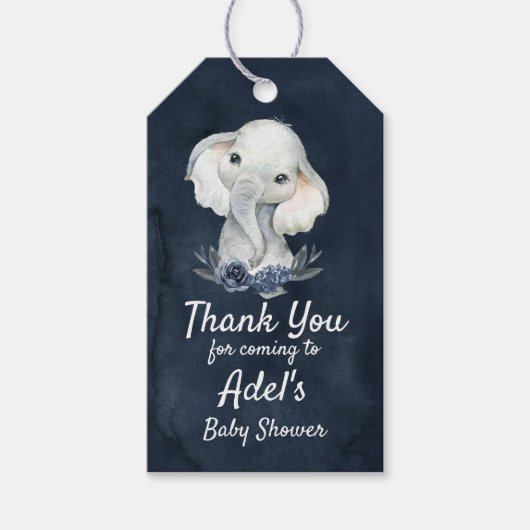 Boy Elephant Navy Baby shower Gift Label Donkerbla Cadeaulabel (Voorkant)