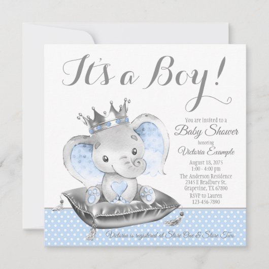 Boy Elephant Prince Baby shower Kaart (Voorkant)