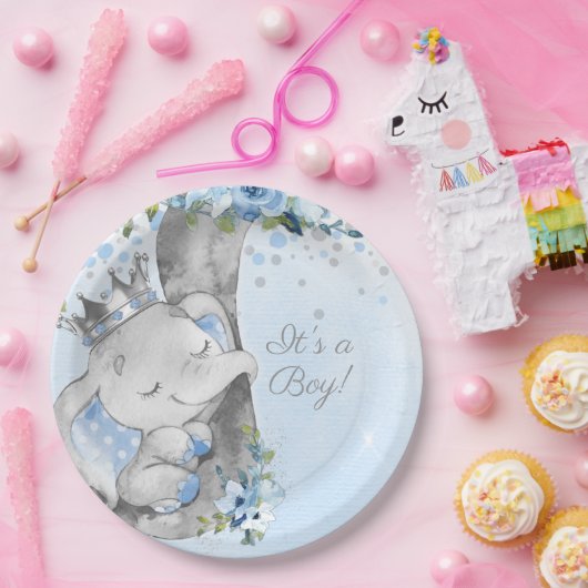 Boy Elephant Prince Baby Shower Paper Plate Papieren Bordje (Feest)