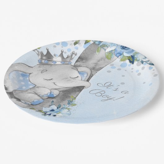 Boy Elephant Prince Baby Shower Paper Plate Papieren Bordje (Gekanteld)