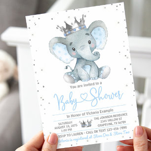 Boy Elephant Prince Baby shower Uitnodiging
