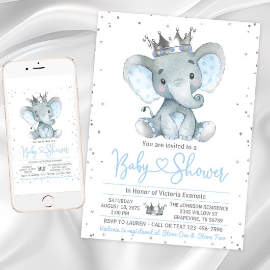 Boy Elephant Prince Baby shower Uitnodiging