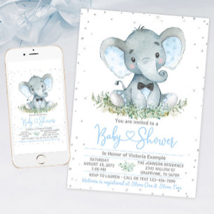 Boy Elephant Stropdas Glitter Baby shower Uitnodig Kaart