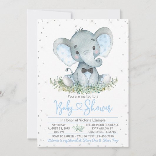 Boy Elephant Stropdas Glitter Baby shower Uitnodig Kaart (Voorkant)