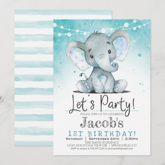 Boy Elephant verjaardagsfeestje uitnodiging (Voorkant / Achterkant)