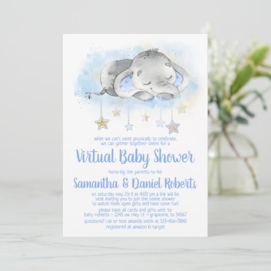 Boy Elephant Virtueel Baby shower Uitnodiging (Staand voorkant)