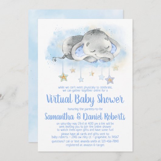 Boy Elephant Virtueel Baby shower Uitnodiging (Voorkant / Achterkant)