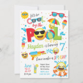 Boy Emoji Pool Party Invitation, Summer Birthday Kaart (Voorkant)