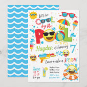 Boy Emoji Pool Party Invitation, Summer Birthday Kaart (Voorkant / Achterkant)