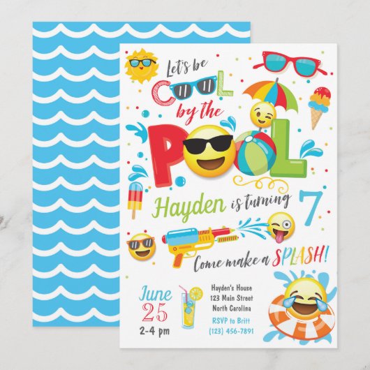 Boy Emoji Pool Party Invitation, Summer Birthday Kaart (Voorkant / Achterkant)