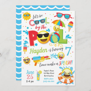 Boy Emoji Pool Party Invitation, Summer Birthday Kaart