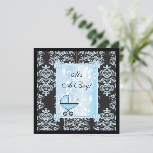 Boy en Black Damask Baby shower Kaart (Staand voorkant)
