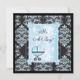 Boy en Black Damask Baby shower Kaart