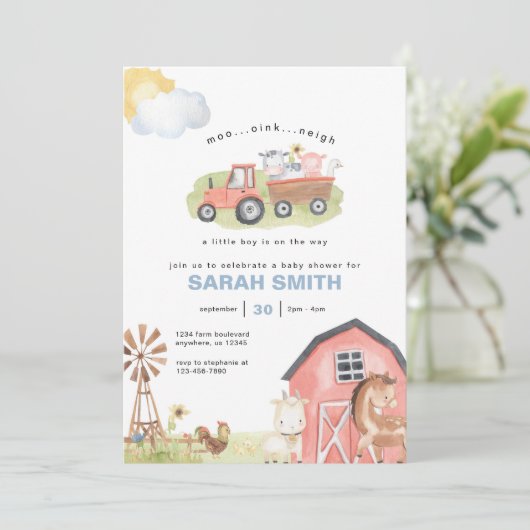Boy Farm Animals Baby shower Uitnodiging (Staand voorkant)