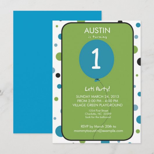 Boy First Birthday Balloon Kaart (Voorkant / Achterkant)