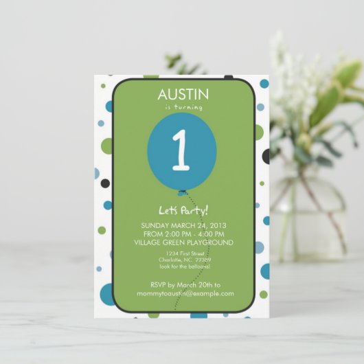 Boy First Birthday Balloon Kaart (Staand voorkant)