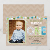 Boy First Birthday Chalkboard Invitation Kaart (Voorkant / Achterkant)