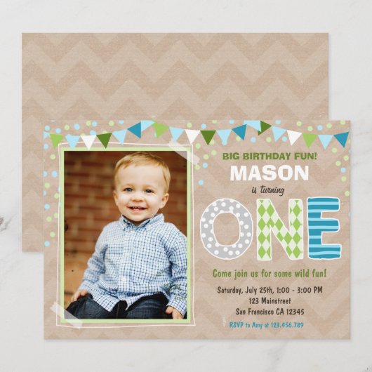 Boy First Birthday Chalkboard Invitation Kaart (Voorkant / Achterkant)