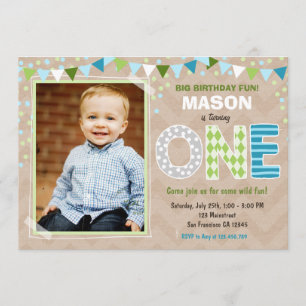 Boy First Birthday Chalkboard Invitation Kaart
