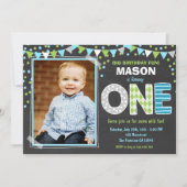 Boy First Birthday Chalkboard Invitation Kaart (Voorkant)