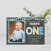 Boy First Birthday Chalkboard Invitation Kaart (Staand voorkant)